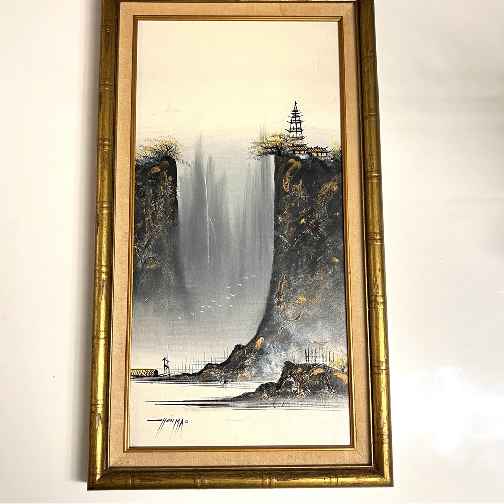 Vintage Chen Mao Original Horsehair Oil Painting Waterfall Landscape Frame 15x27